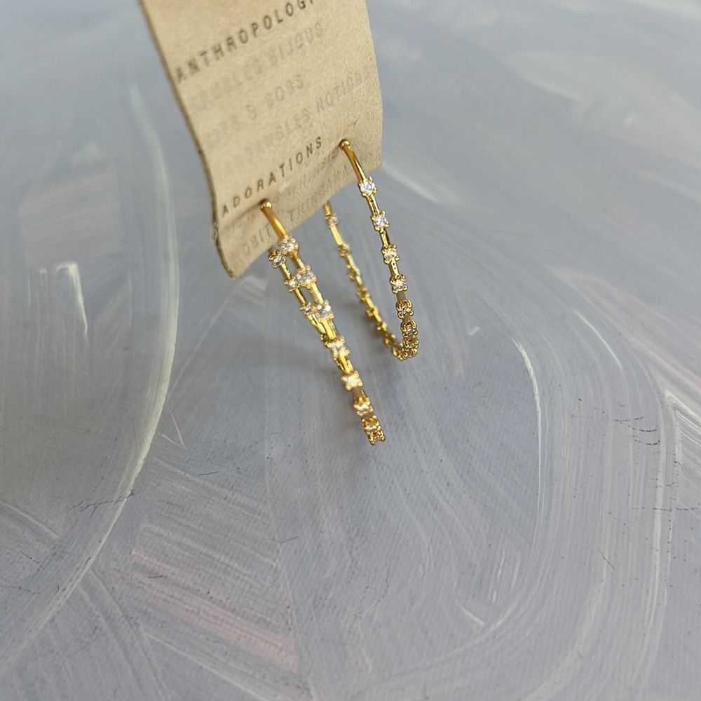 Anthropologie Pave Pattern Gold Hoops with Crystals Size Medium - Picture 6 of 8